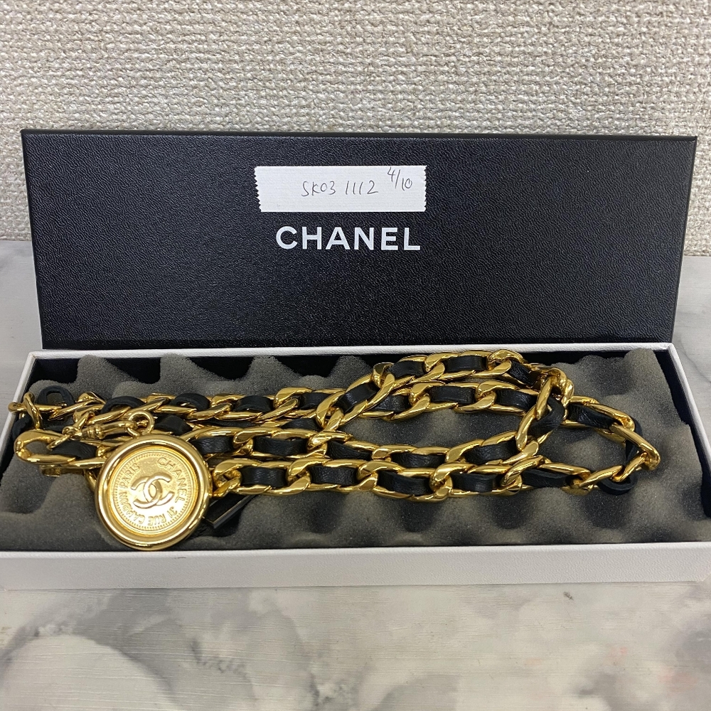 Authentic Chanel Gold Chain Leather And Gold Accent Belt